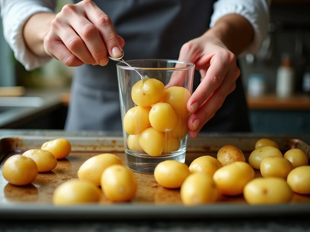 Smashed baby potatoes being flattened on a baking sheet