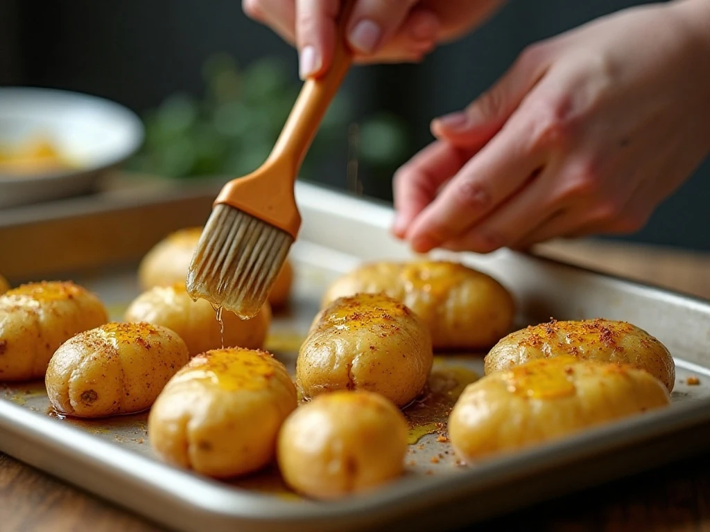 Seasoned oil brushed over smashed potatoes before roasting