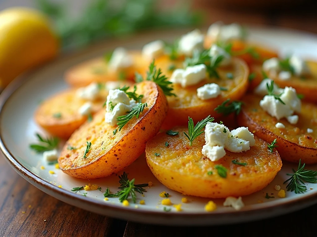 Crispy smashed potatoes with feta and fresh herbs on a serving platter