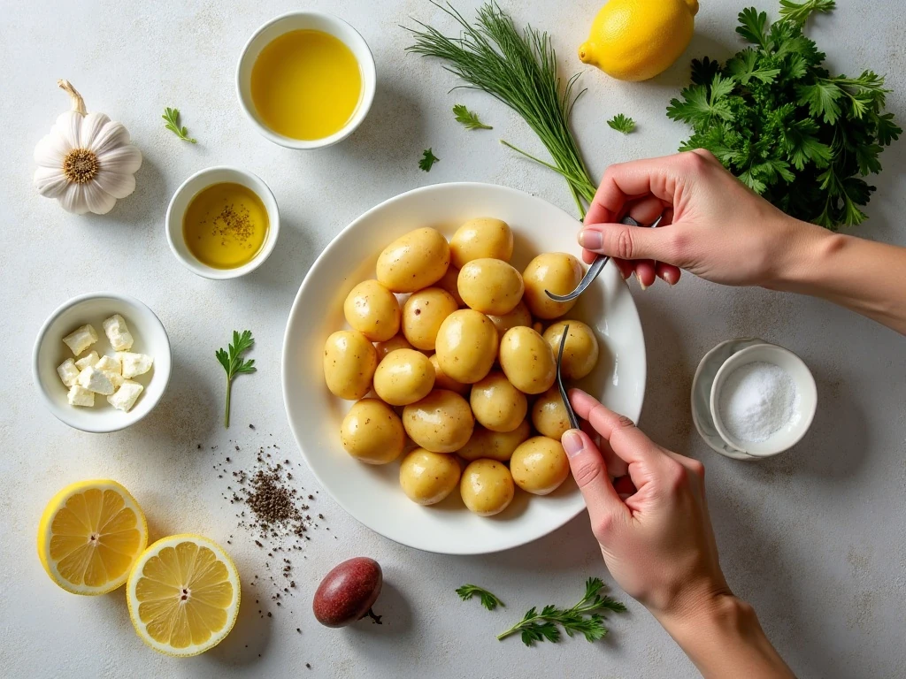 Ingredients for crispy smashed potatoes with feta and herbs