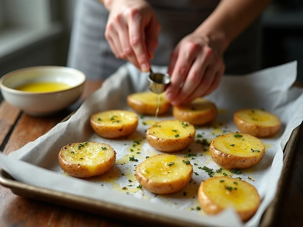 Smashed potatoes spaced on a baking sheet for crisp roasting