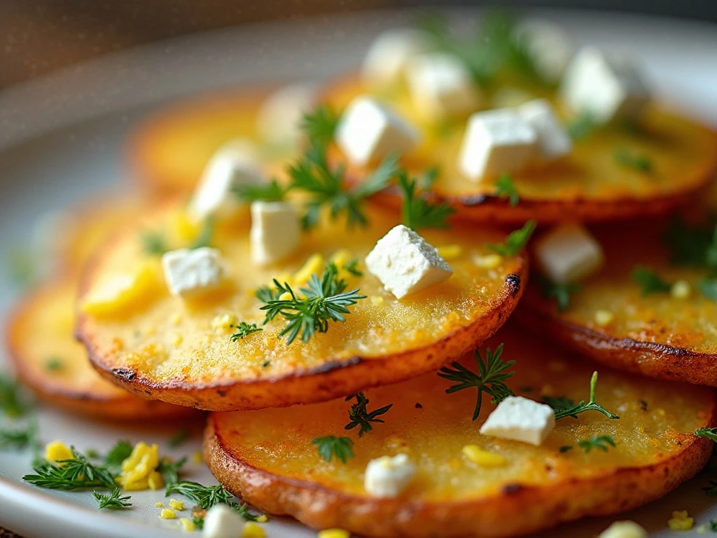 Reheated crispy smashed potatoes with feta and herbs