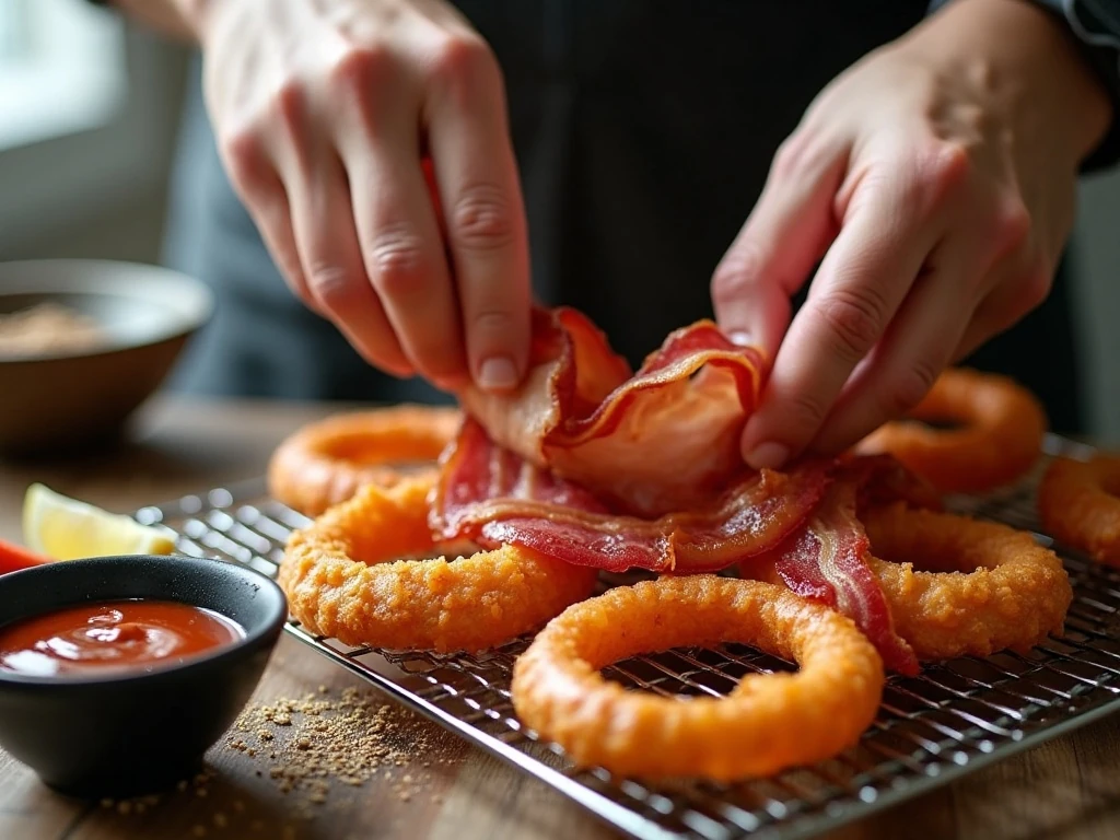 Wrapping bacon around paired onion rings before smoking