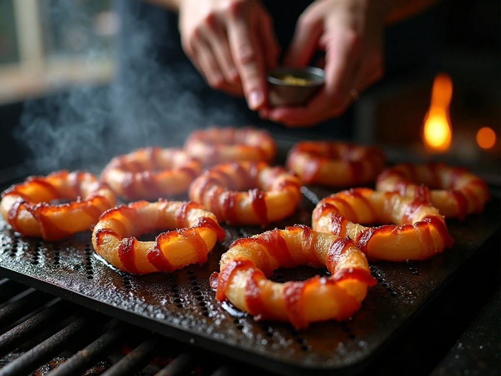 Bacon-wrapped onion rings smoking on a wire rack