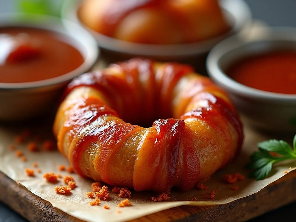 Barbecue glazed bacon-wrapped onion ring with dipping sauces