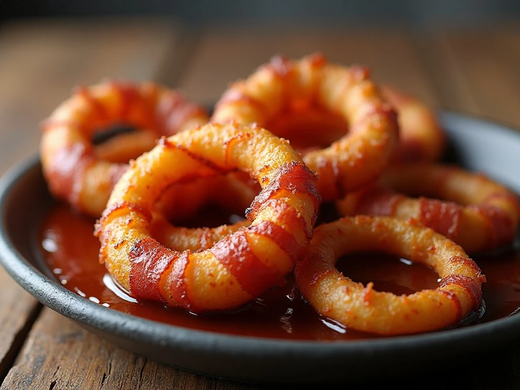 Reheated crispy bacon-wrapped onion rings served with sauce