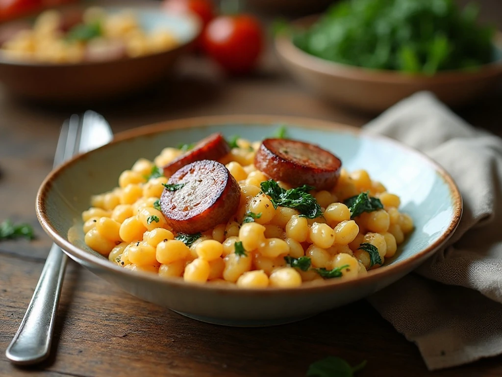 Creamy smoked sausage and cheesy orzo served as a cozy skillet dinner