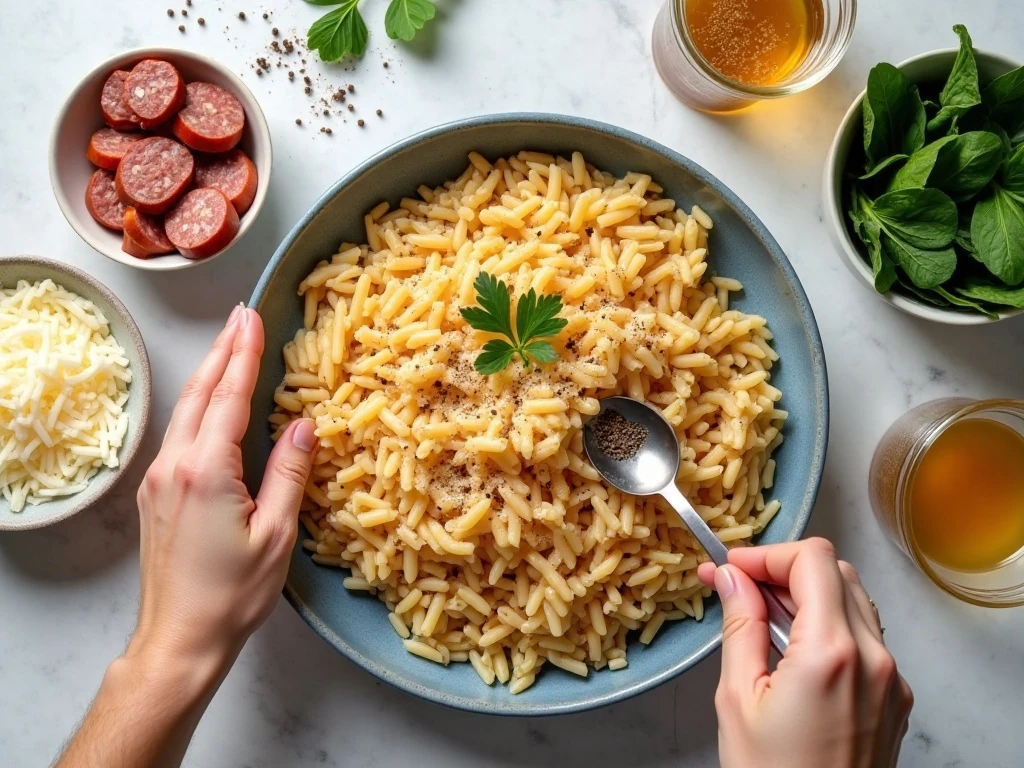 Ingredients for creamy smoked sausage and cheesy orzo