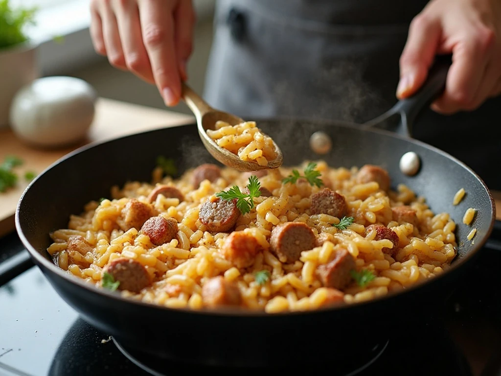 Orzo and smoked sausage simmering together in a skillet