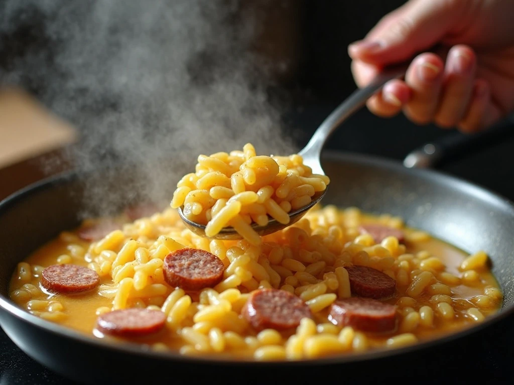 Stirring orzo during the creamy skillet cooking process