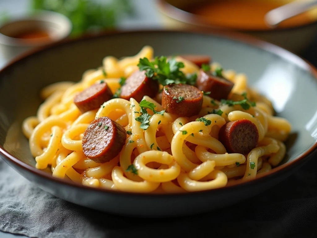 Creamy smoked sausage orzo reheated and garnished with parsley