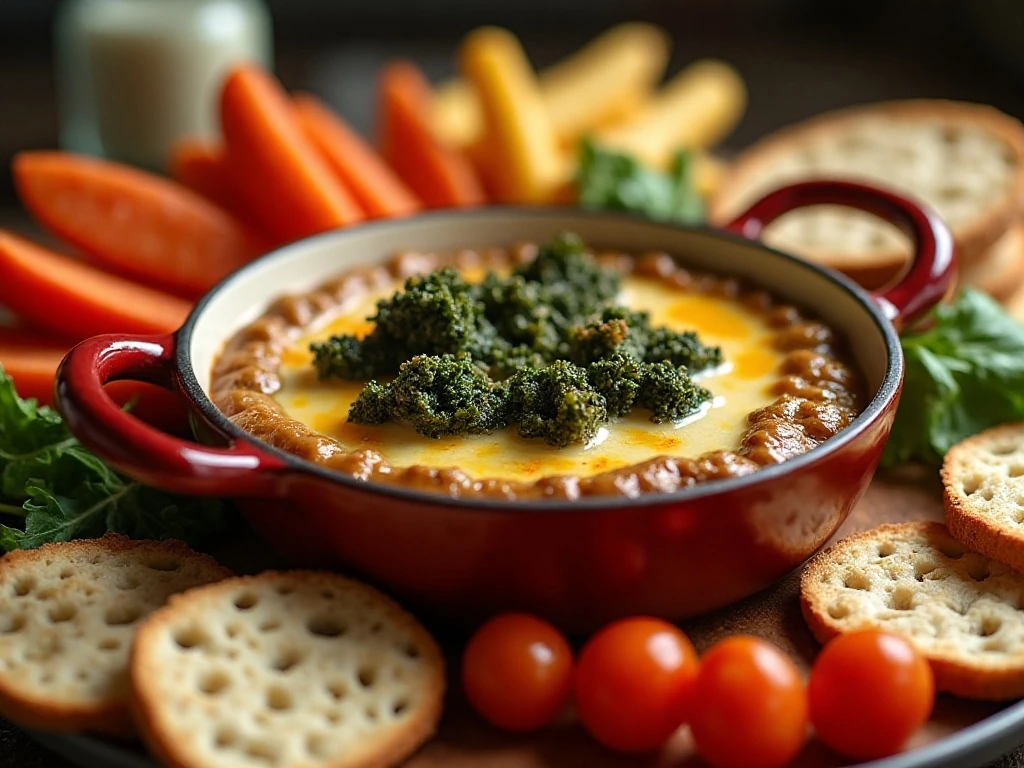 Smoky onion kale dip served warm with bread, crackers, and fresh vegetables