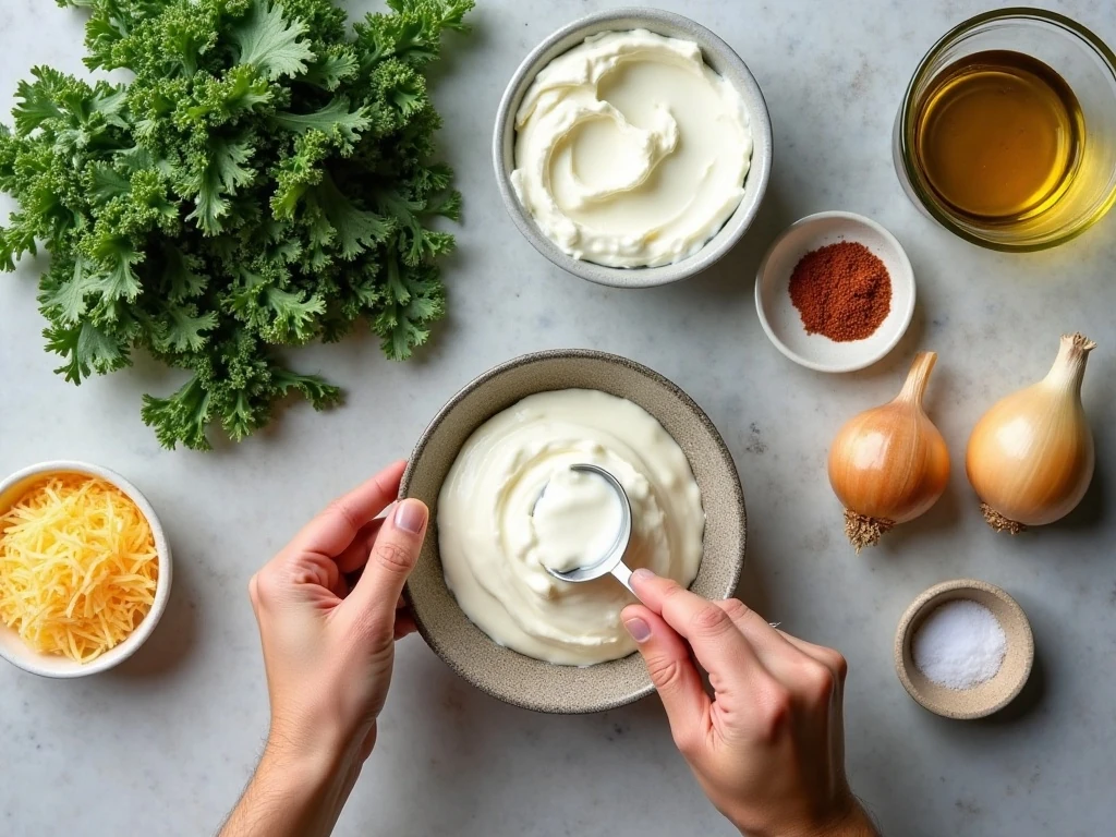 Ingredients for smoky onion kale dip arranged for cooking
