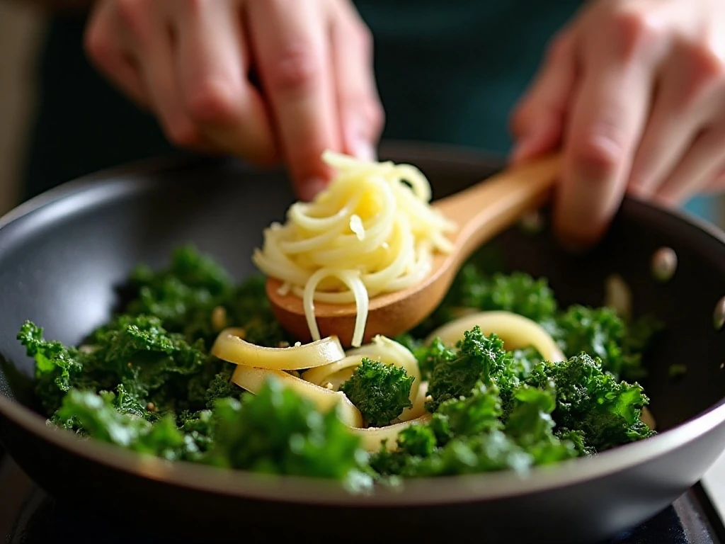 Onions and kale cooking together in a skillet for the dip