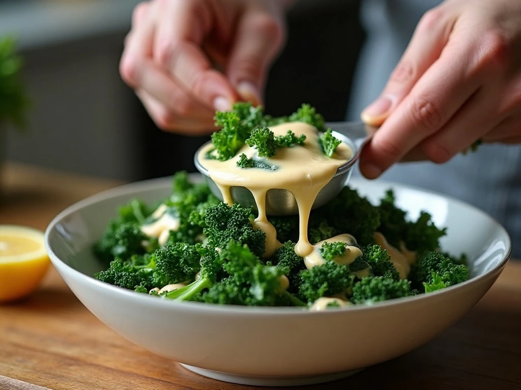 Cooked kale being drained before mixing into creamy dip