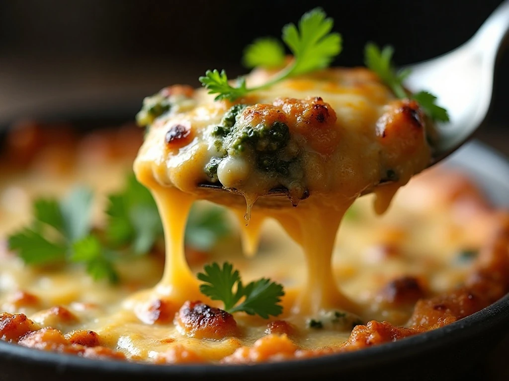Close-up of creamy smoky onion kale dip with bubbling cheese topping