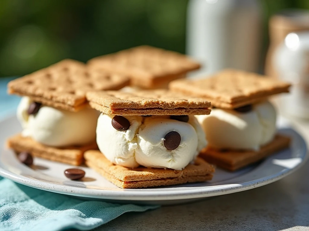 Homemade s'mores ice cream sandwiches arranged on a serving plate