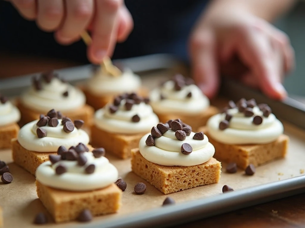Assembling graham cracker ice cream sandwiches with marshmallows and chocolate chips