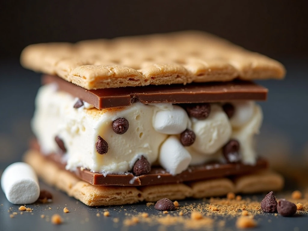 Close-up of the layers inside a s'mores ice cream sandwich