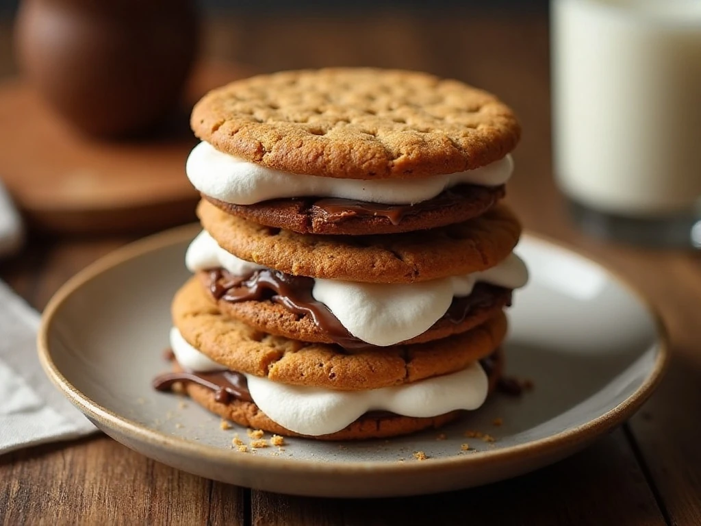Stack of gooey s'mores cookies with chocolate, marshmallow, and graham cracker pieces