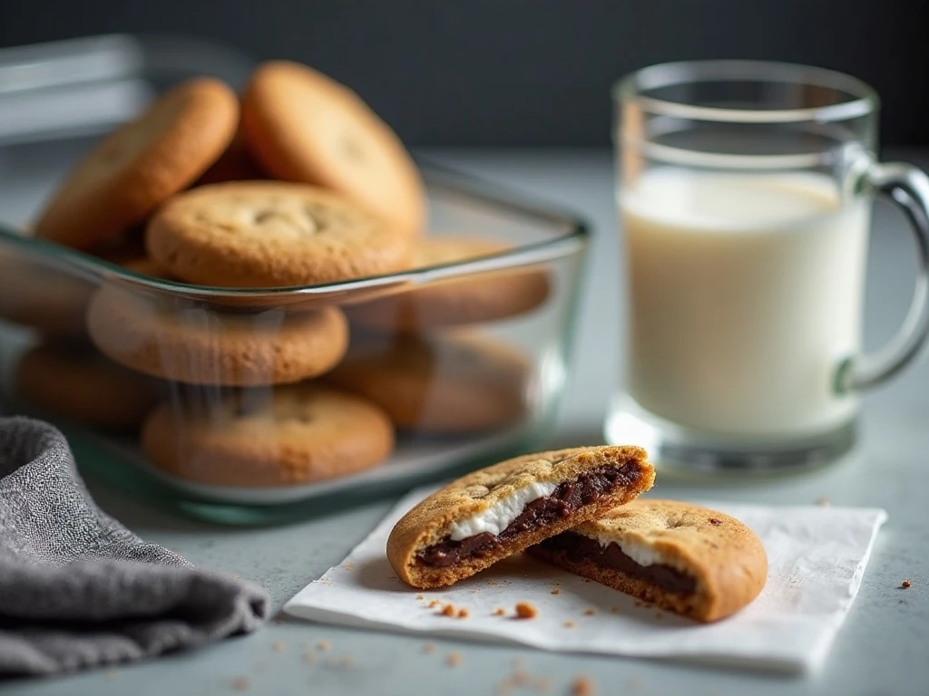 S'mores cookies stored in a container with one warm cookie showing its gooey center