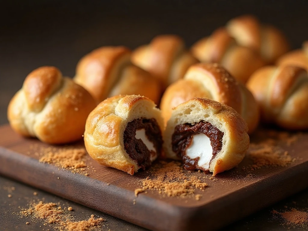 Golden s'mores crescent dough bun bites with gooey marshmallow and chocolate