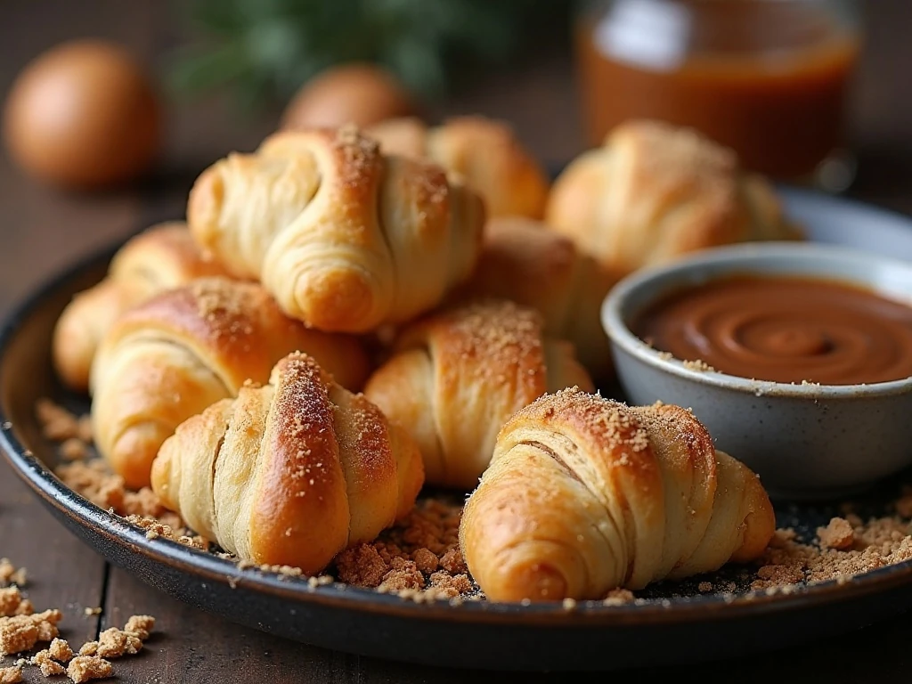 Warm s'mores crescent bites served with graham cracker crumbs and caramel dip