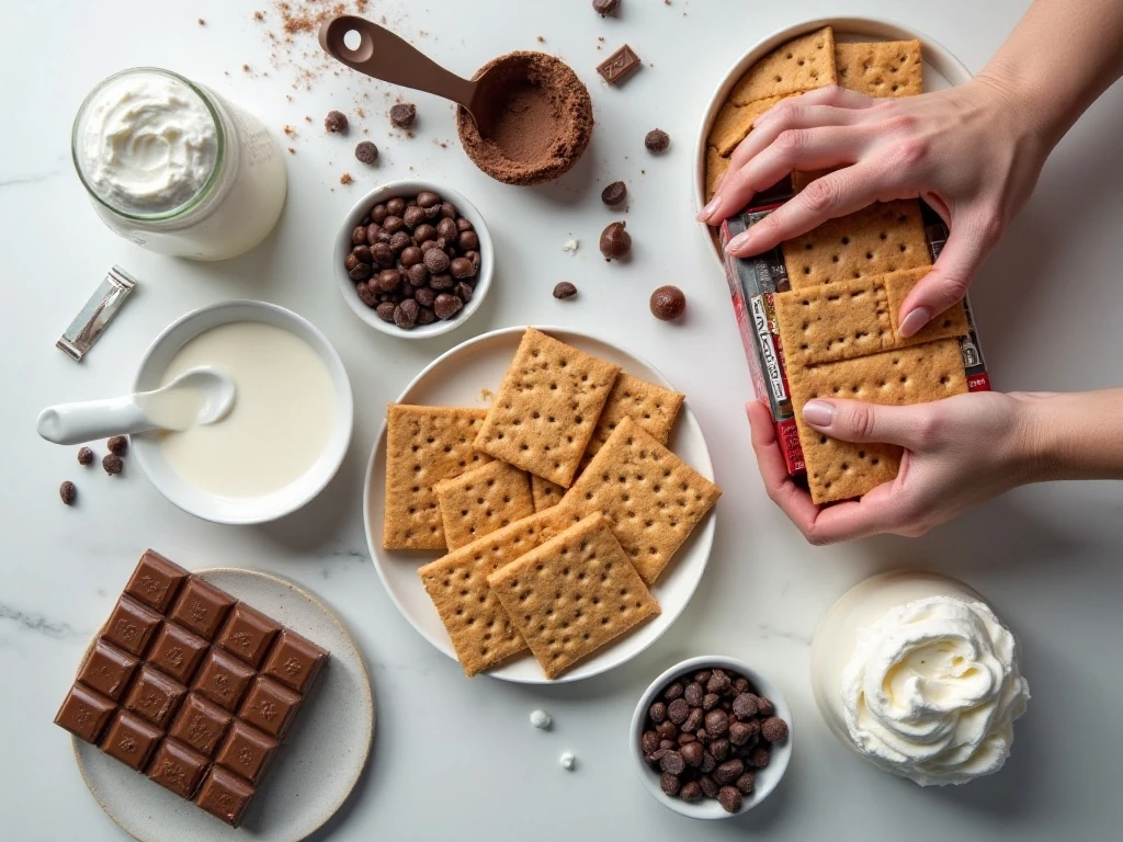 Ingredients for easy no-bake s'mores pudding dessert