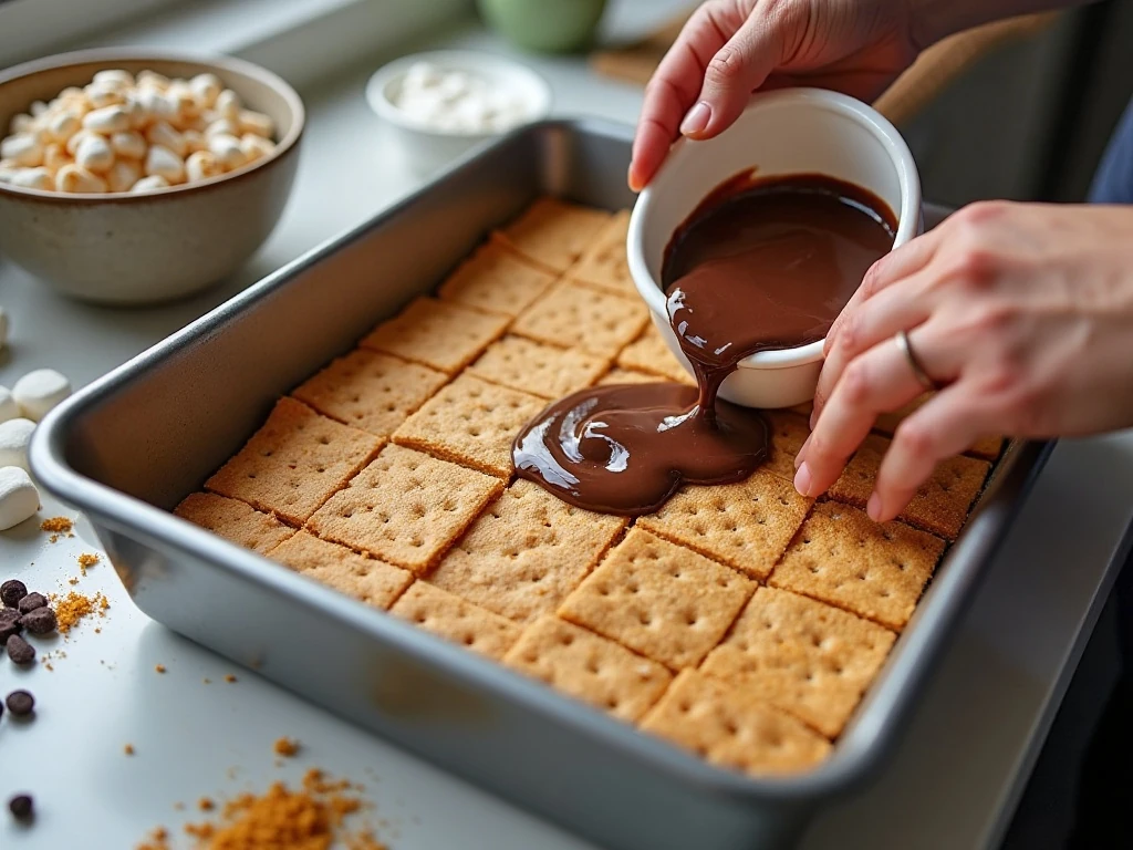 Layering graham crackers and chocolate pudding for s'mores dessert