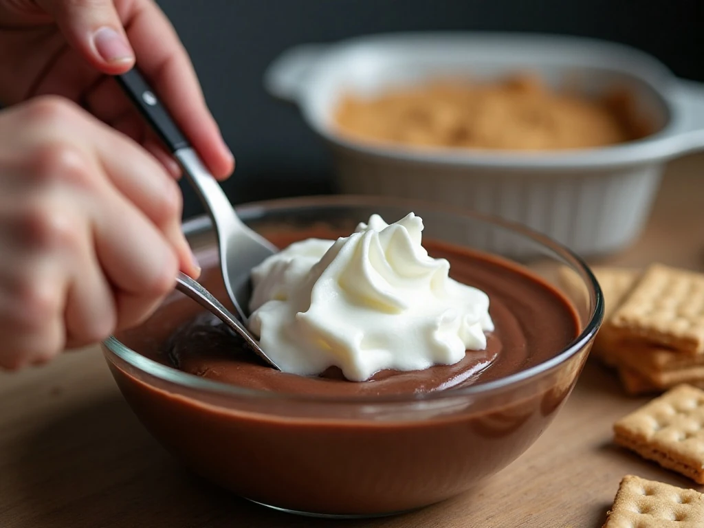 Folding whipped topping into chocolate pudding