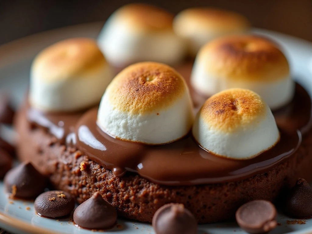 Toasted marshmallow and chocolate garnish on s'mores pudding dessert