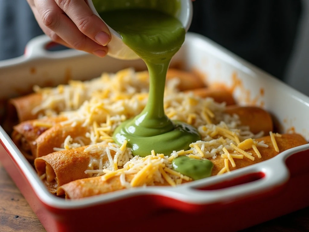 Creamy green chile sauce poured over assembled chicken burritos