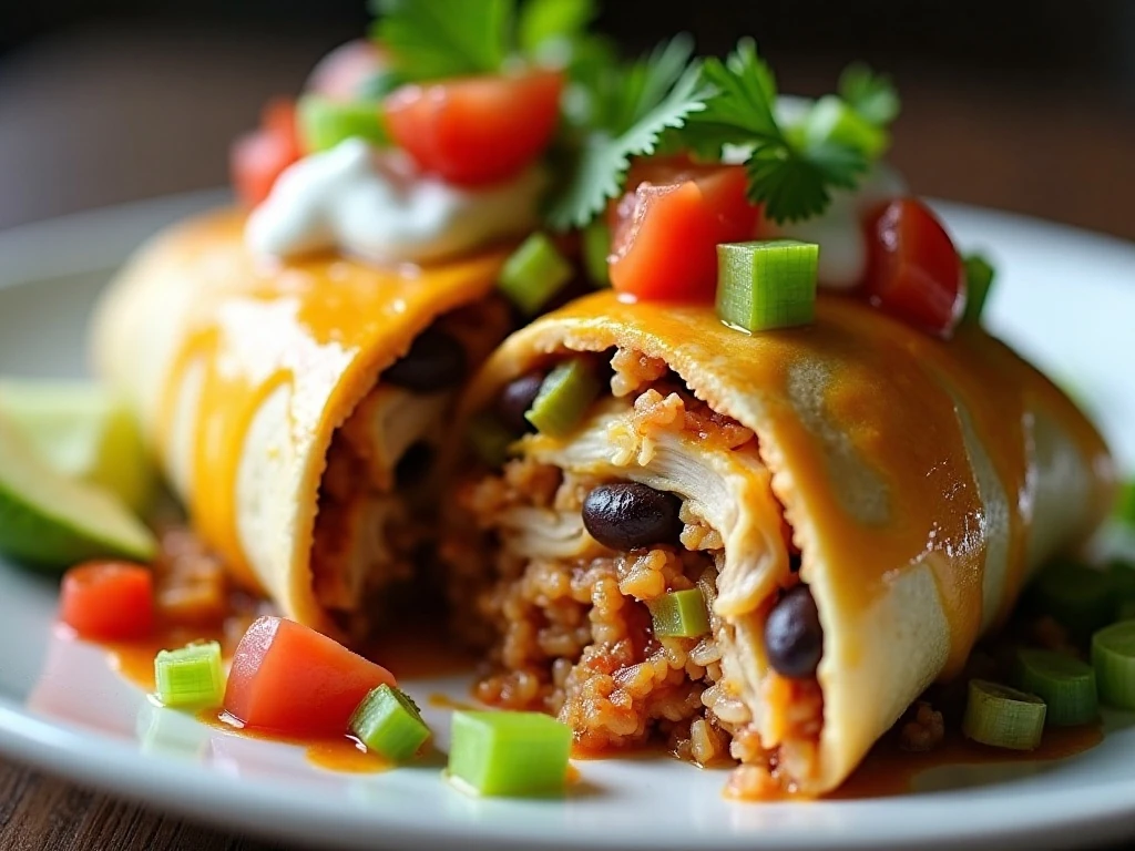 Smothered chicken burrito with fresh garnishes and creamy sauce