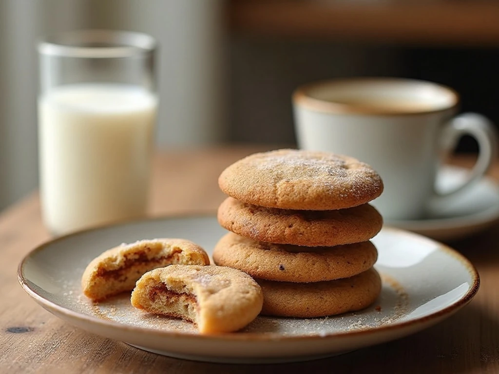 Stack of soft cinnamon-sugar snickerdoodle cookies served with milk and coffee
