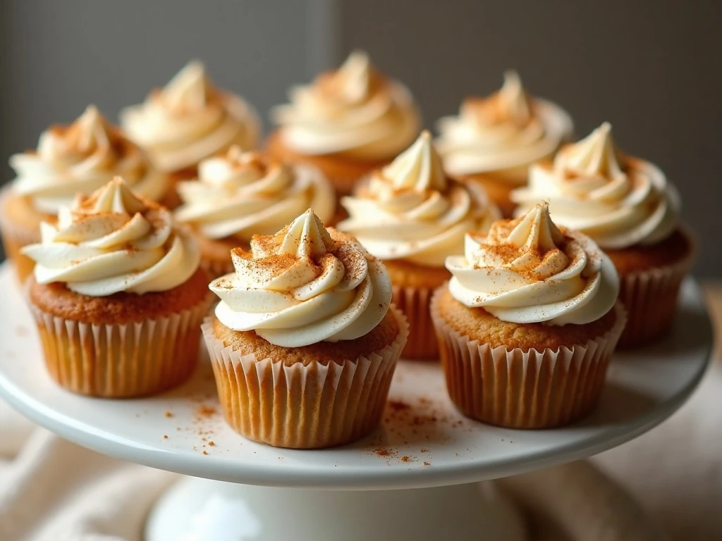 A platter of finished snickerdoodle cupcakes with cinnamon buttercream