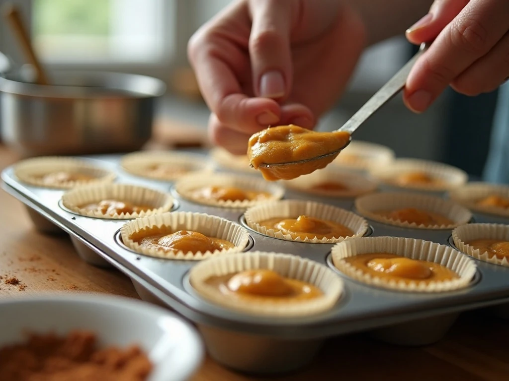 Cupcake batter being divided into a lined muffin pan