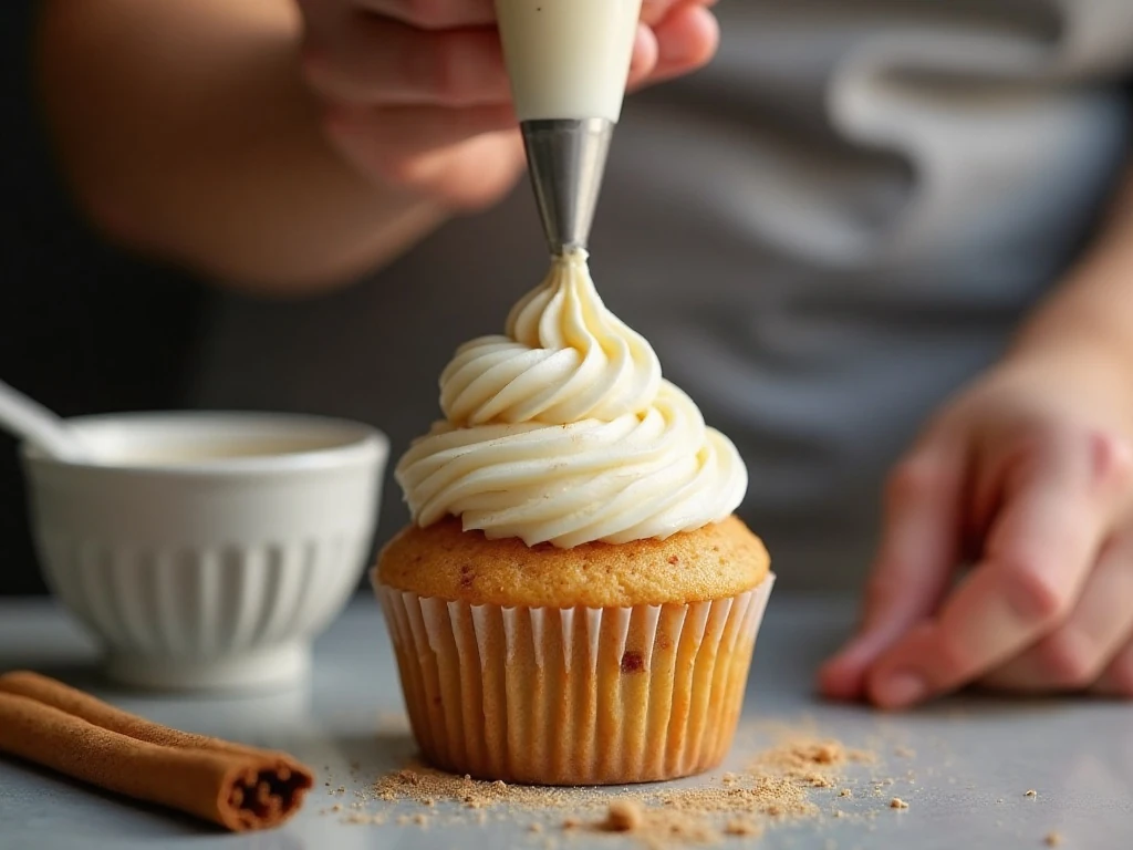 Cinnamon buttercream being piped onto a cooled cupcake