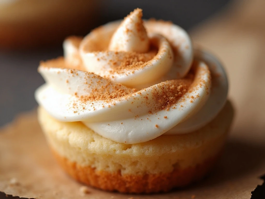 Close-up of cinnamon sugar garnish on snickerdoodle cupcake frosting