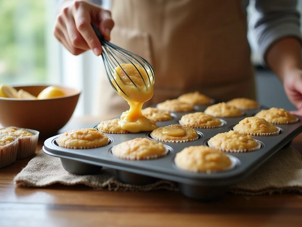 Portioning snickerdoodle muffin batter into a muffin pan