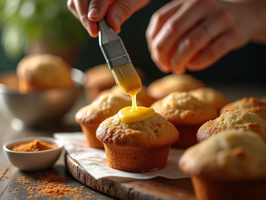 Brushing warm muffins with butter before cinnamon sugar coating