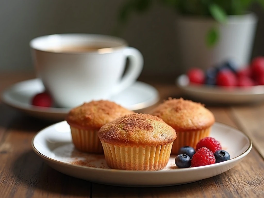 Snickerdoodle donut muffins served with coffee and berries