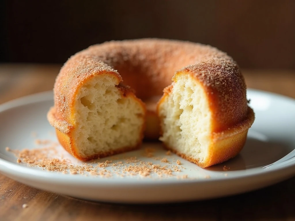 Close-up of the soft crumb and cinnamon-sugar coating