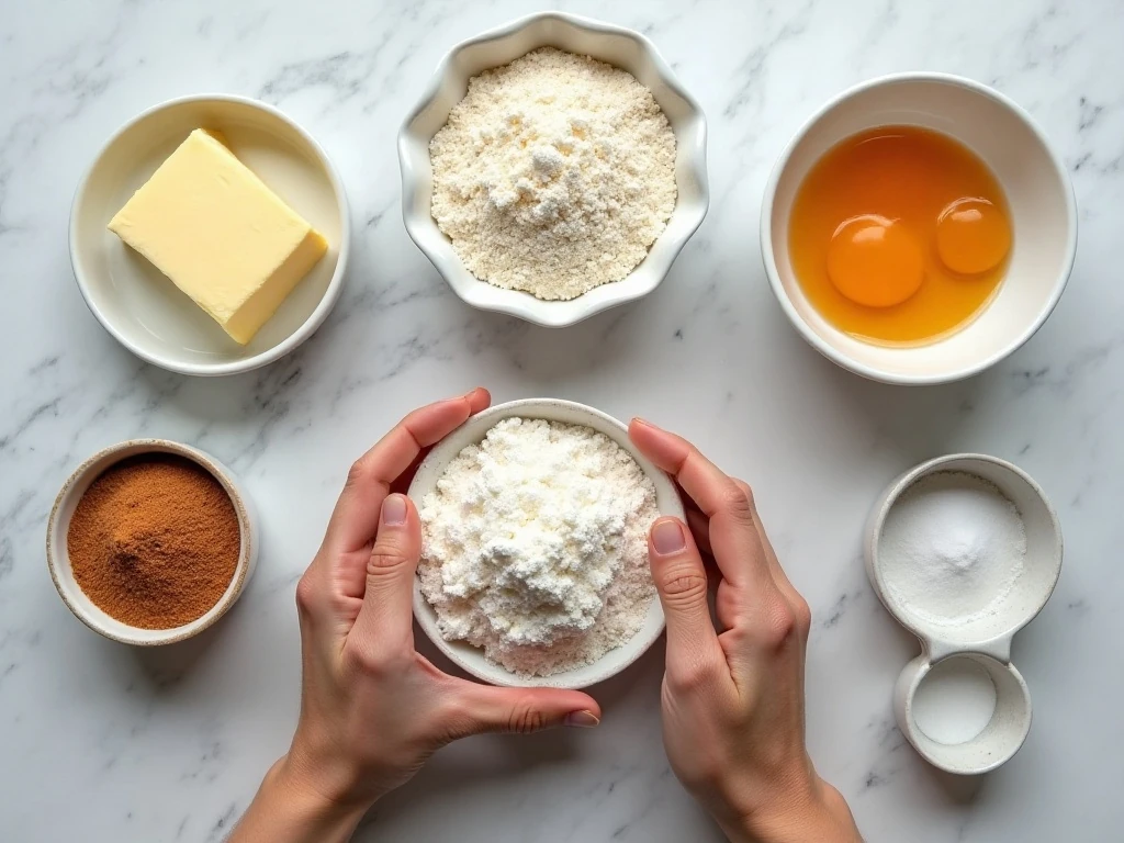 Ingredients for classic snickerdoodle cookies arranged in a flat lay