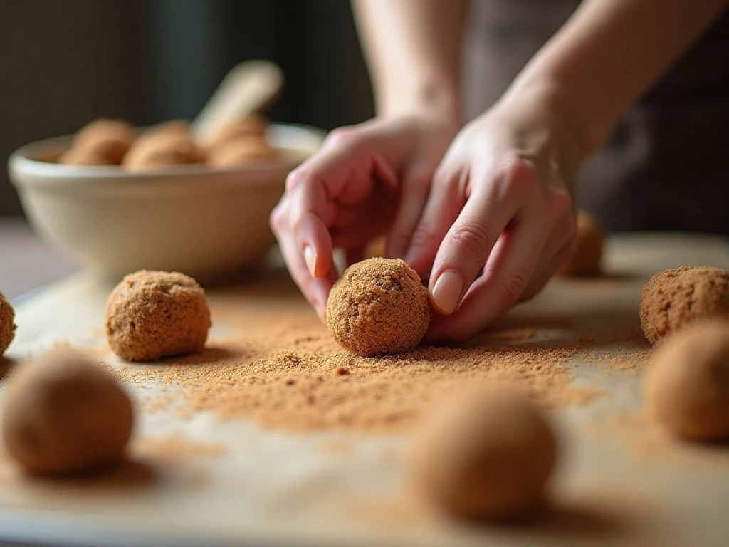 Snickerdoodle dough balls being coated in cinnamon sugar before baking