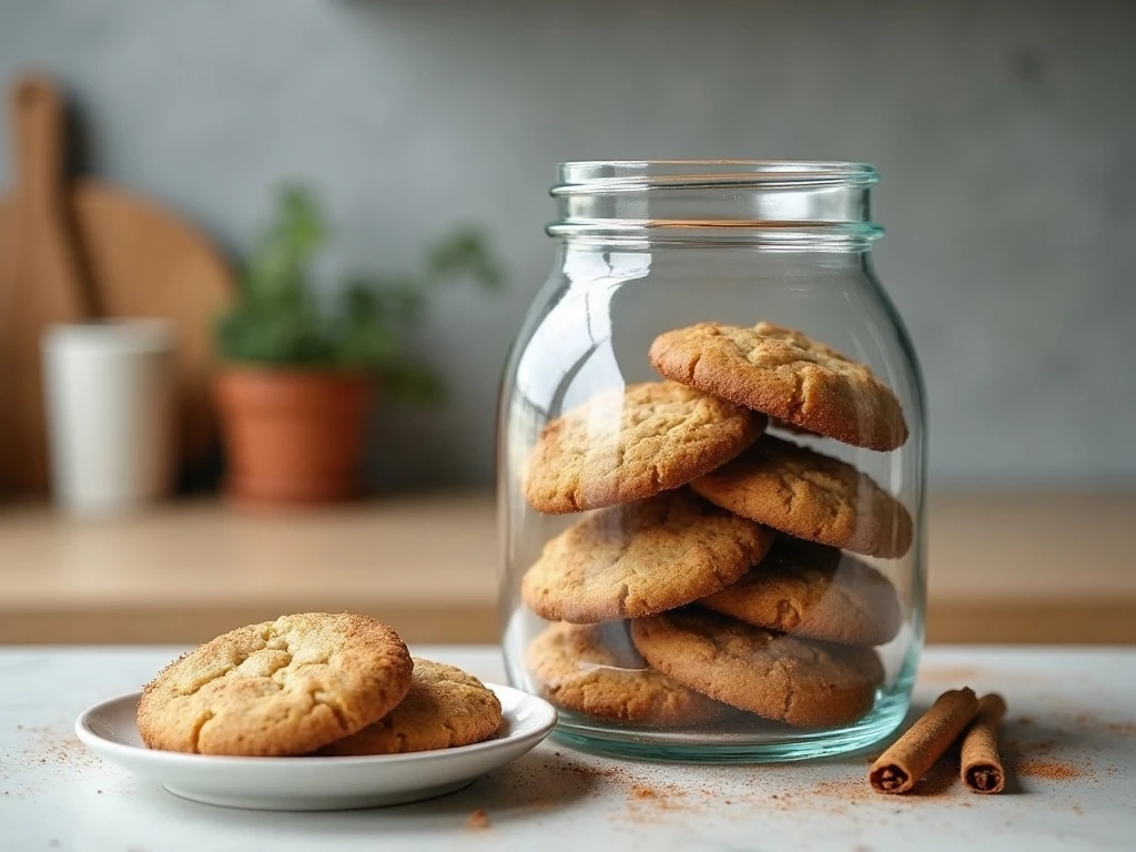 Classic snickerdoodles stored in a glass cookie jar