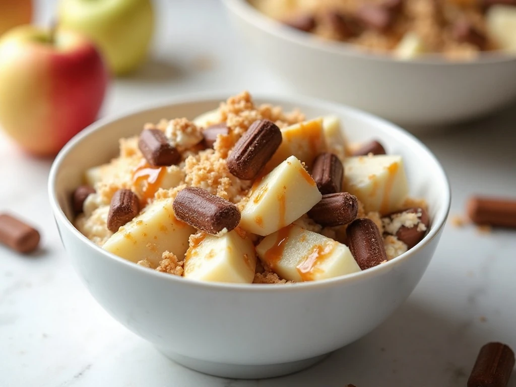 Creamy Snickers apple salad served in a white bowl