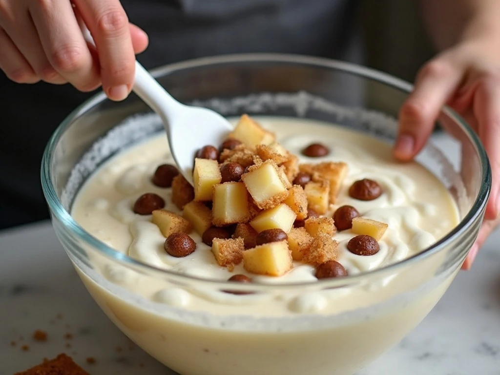 Folding apples and Snickers into the creamy salad mixture