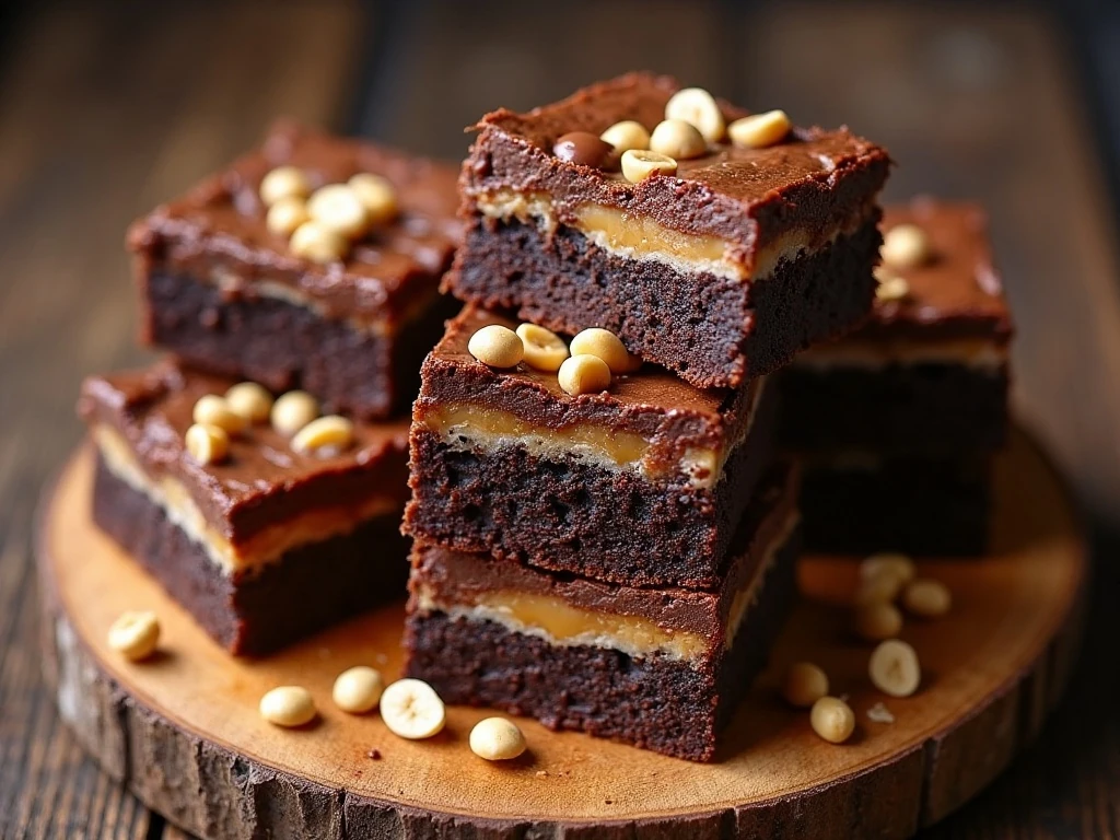 Stack of fudgy Snickers brownies with caramel, peanuts, and chocolate topping