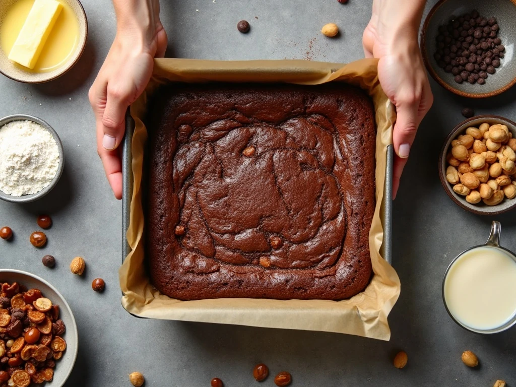 Ingredients for homemade Snickers brownies arranged beside a baking pan