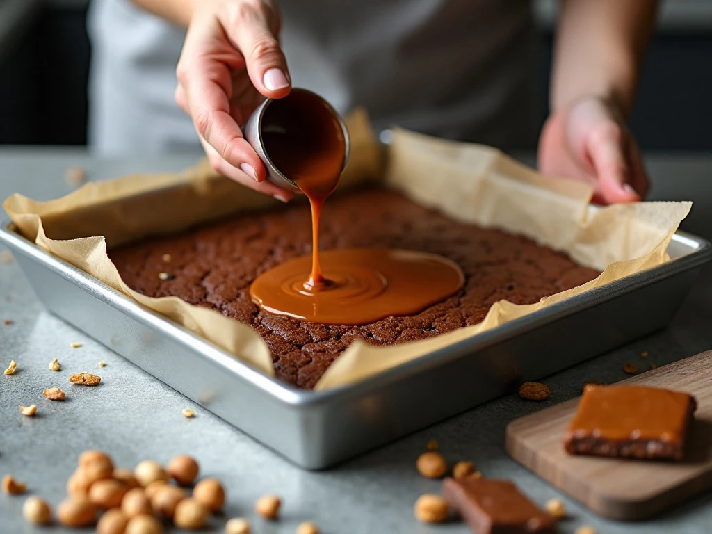 Adding caramel, peanuts, and chopped Snickers to a brownie layer
